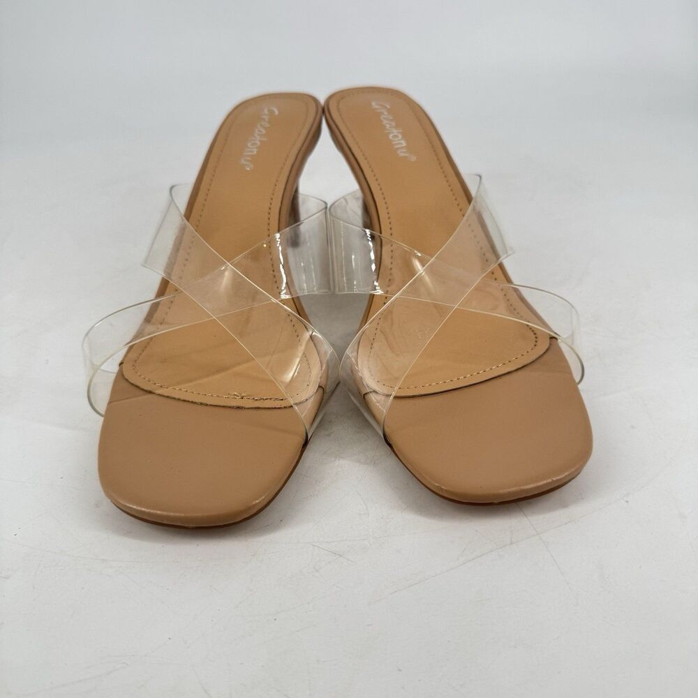 Greatonu Women’s Size 9 Clear Strap Heeled Sandals Nude Tan Square Toe